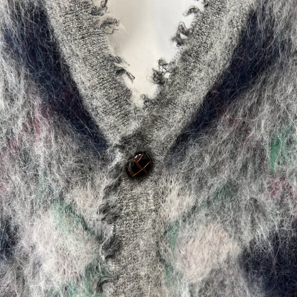 $680 NWT R13 Gray Plaid Argyle Fluffy Oversized Distressed Cardigan Sweater L - Picture 4 of 9